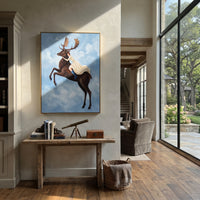 Open Soft Woman and Horse focuses on a quiet woman standing on a dark horse in a restrained field. The composition keeps the principal subject clearly separated from the painted field, so the eye can follow the specific gesture, silhouette, garment, fur, petal, ridge, or river visible in this artwork. Its color relationships move between orange, black, and beige, with lighter passages opening the focal area and deeper strokes giving the forms weight. Palette-knife edges, impasto ridges, broken