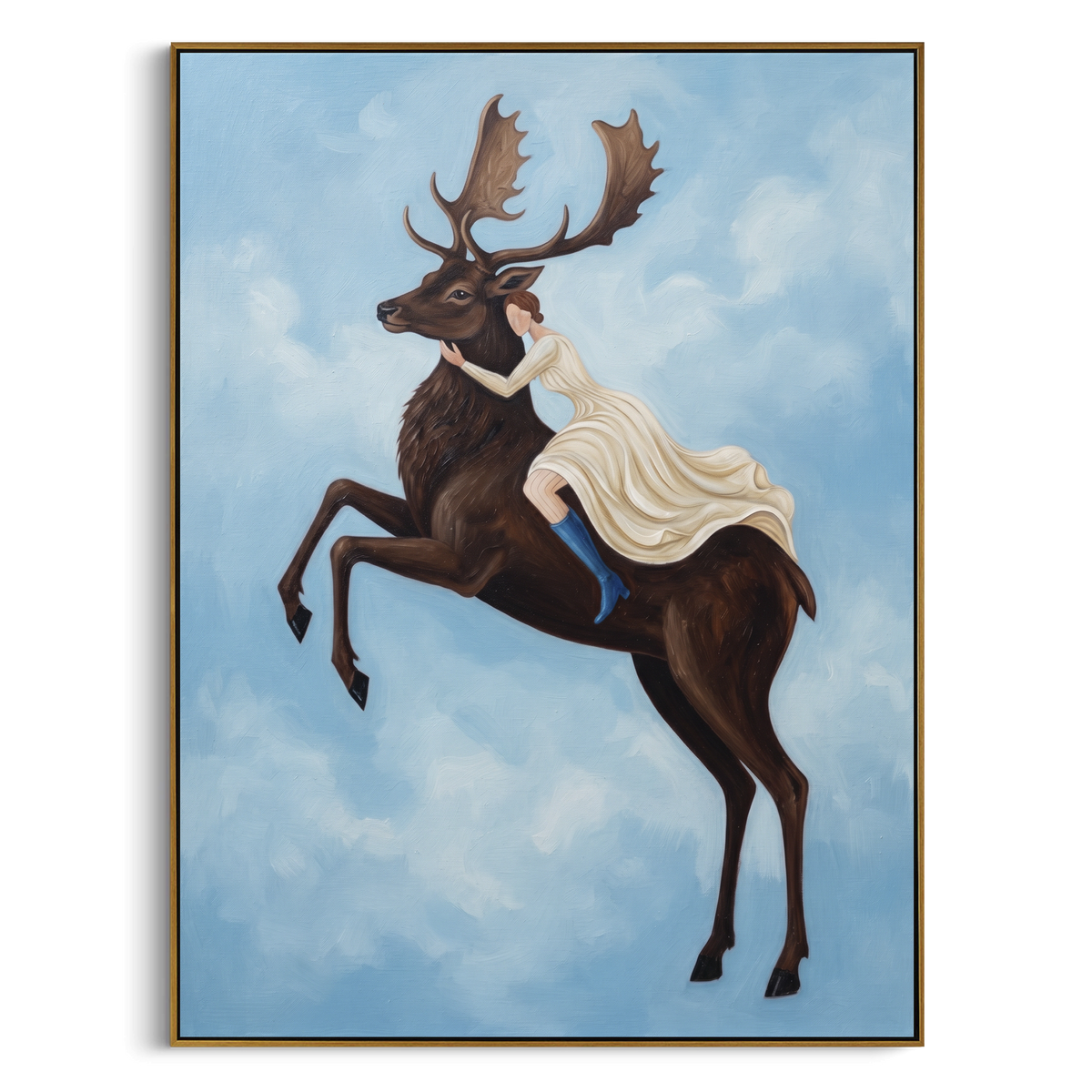 Open Soft Woman and Horse focuses on a quiet woman standing on a dark horse in a restrained field. The composition keeps the principal subject clearly separated from the painted field, so the eye can follow the specific gesture, silhouette, garment, fur, petal, ridge, or river visible in this artwork. Its color relationships move between orange, black, and beige, with lighter passages opening the focal area and deeper strokes giving the forms weight. Palette-knife edges, impasto ridges, broken