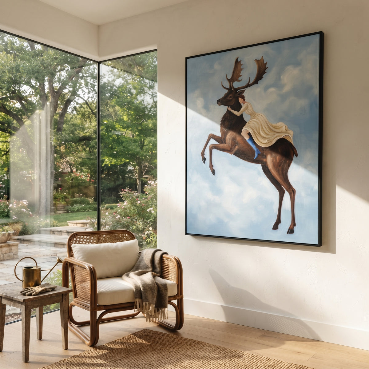 Open Soft Woman and Horse focuses on a quiet woman standing on a dark horse in a restrained field. The composition keeps the principal subject clearly separated from the painted field, so the eye can follow the specific gesture, silhouette, garment, fur, petal, ridge, or river visible in this artwork. Its color relationships move between orange, black, and beige, with lighter passages opening the focal area and deeper strokes giving the forms weight. Palette-knife edges, impasto ridges, broken