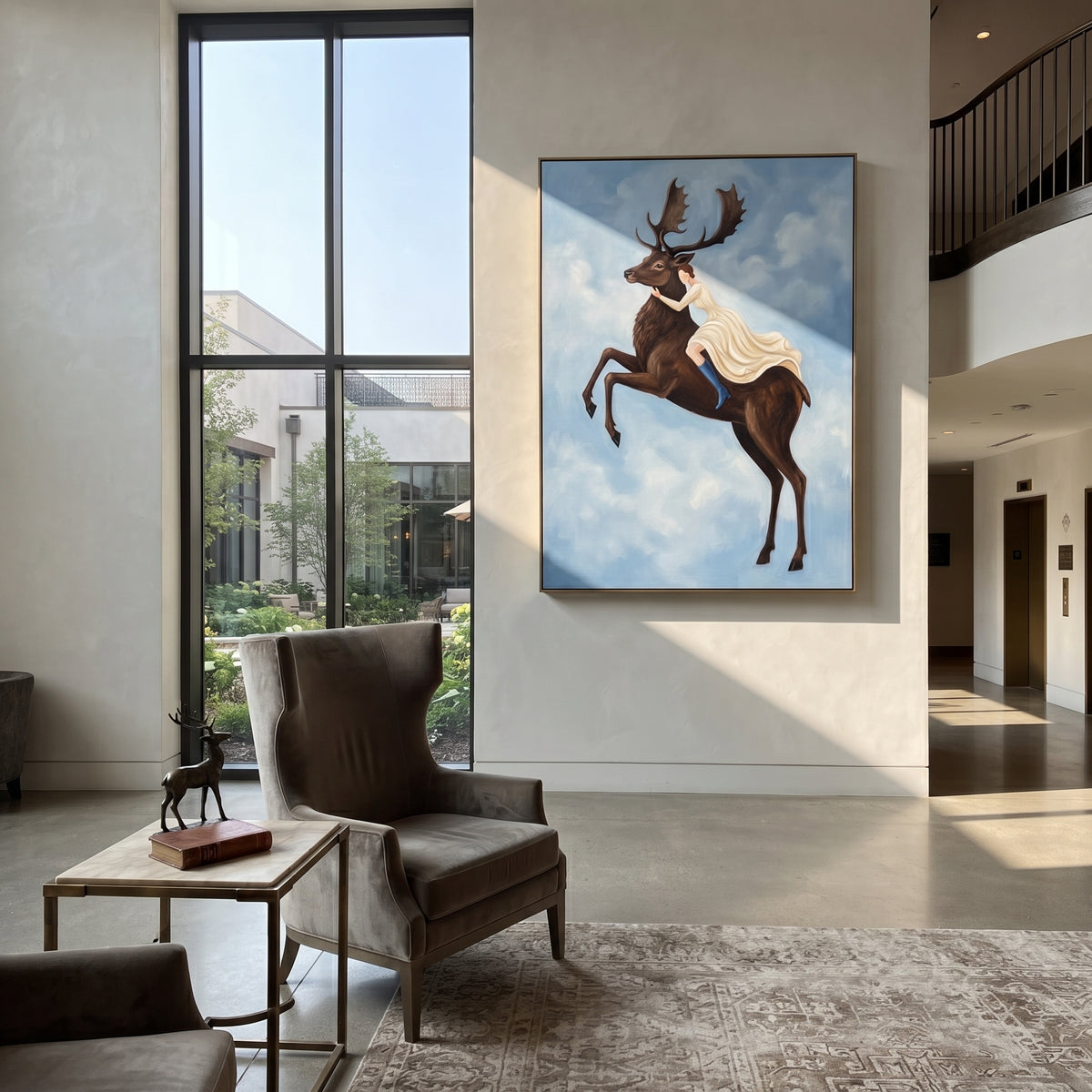 Open Soft Woman and Horse focuses on a quiet woman standing on a dark horse in a restrained field. The composition keeps the principal subject clearly separated from the painted field, so the eye can follow the specific gesture, silhouette, garment, fur, petal, ridge, or river visible in this artwork. Its color relationships move between orange, black, and beige, with lighter passages opening the focal area and deeper strokes giving the forms weight. Palette-knife edges, impasto ridges, broken