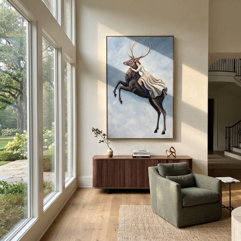 "Wandering Soft Woman and Horse" - Modern Heavy Impasto Landscape Artwork | Blue & Red Palette Knife Painting | Luxury Vertical Wall Art #PT 3083