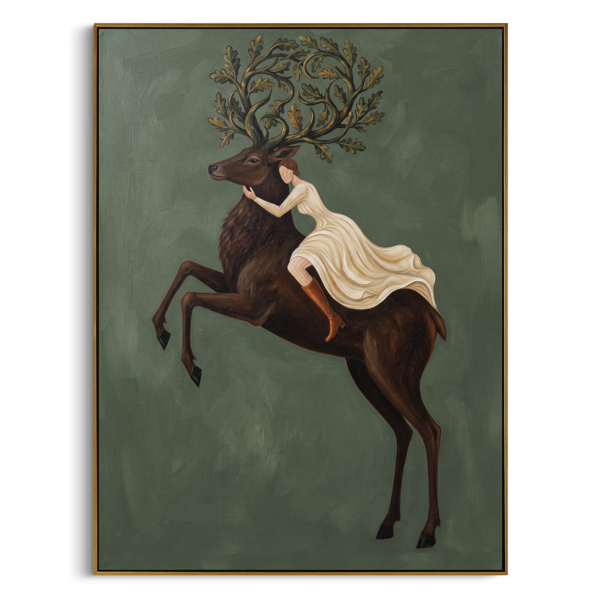 Reflective Soft Woman and Horse focuses on a quiet woman standing on a dark horse in a restrained field. The composition keeps the principal subject clearly separated from the painted field, so the eye can follow the specific gesture, silhouette, garment, fur, petal, ridge, or river visible in this artwork. Its color relationships move between green, grey, and pink, with lighter passages opening the focal area and deeper strokes giving the forms weight. Palette-knife edges, impasto ridges