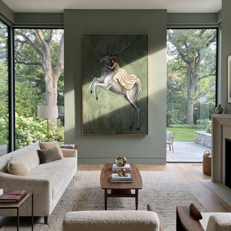 "Midnight Soft Woman and Horse" - Modern Heavy Impasto Landscape Artwork | Beige & Black Palette Knife Painting | Luxury Vertical Wall Art #PT 3085
