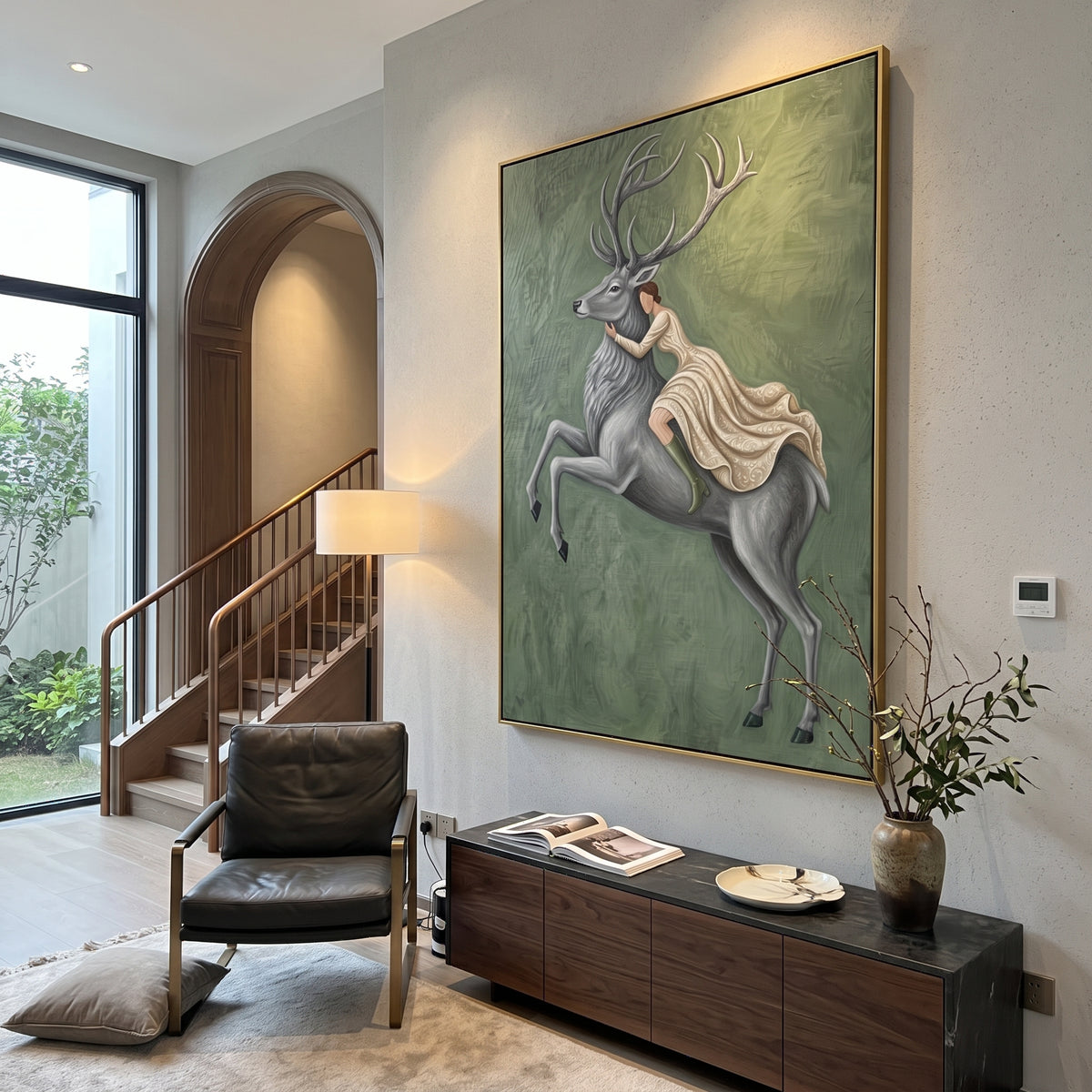 Midnight Soft Woman and Horse focuses on a quiet woman standing on a dark horse in a restrained field. The composition keeps the principal subject clearly separated from the painted field, so the eye can follow the specific gesture, silhouette, garment, fur, petal, ridge, or river visible in this artwork. Its color relationships move between beige, black, and blue, with lighter passages opening the focal area and deeper strokes giving the forms weight. Palette-knife edges, impasto ridges, broken