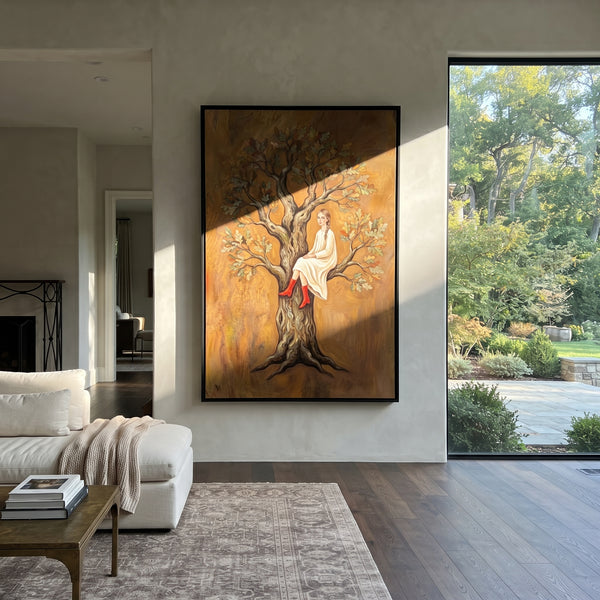 "Storybook Soft Woman and Horse" - Modern Heavy Impasto Landscape Artwork | Purple & Green Palette Knife Painting | Luxury Vertical Wall Art #PT 3086
