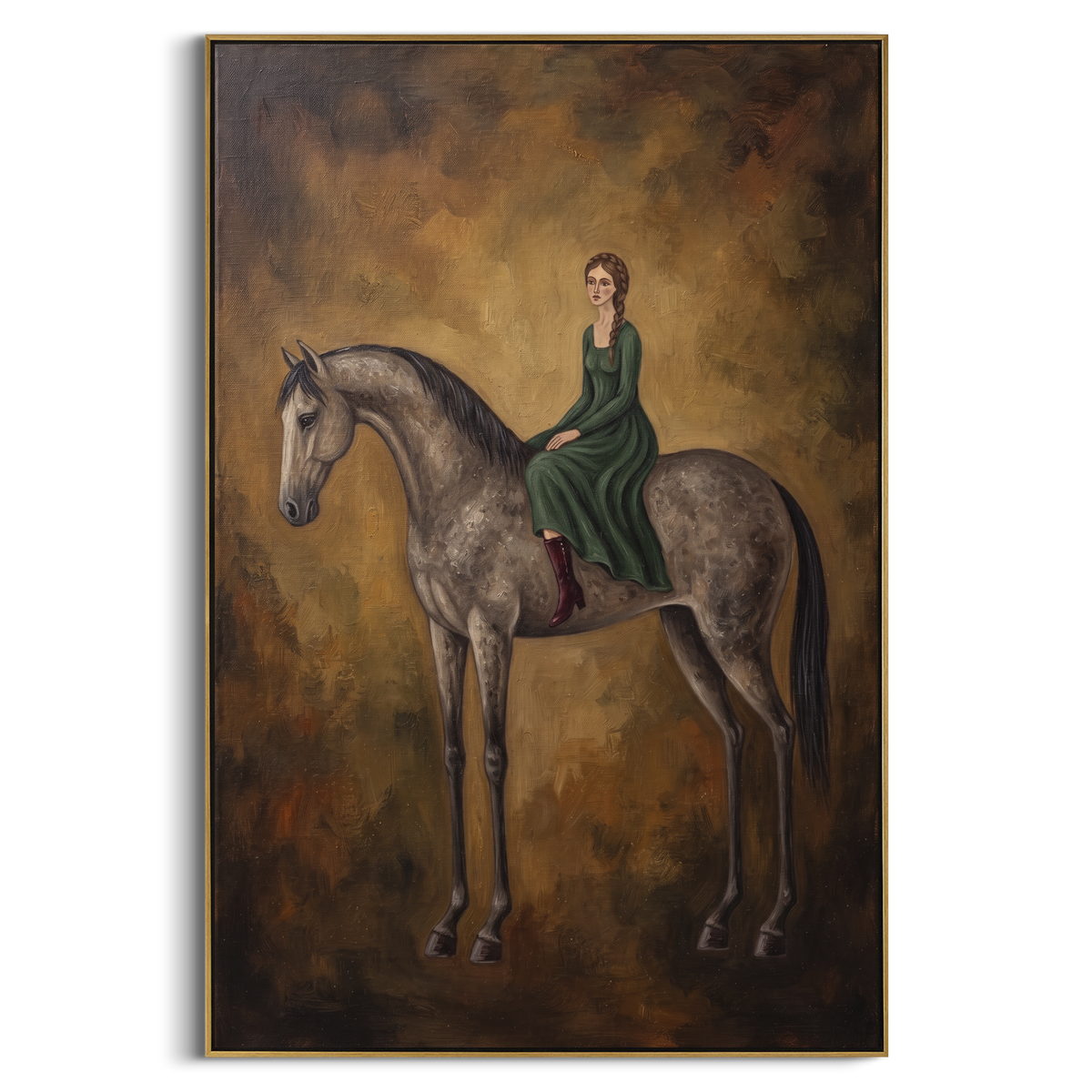 "Quiet Restful Woman and Horse" - Modern Heavy Impasto Landscape Artwork | Blue & Beige Palette Knife Painting | Luxury Vertical Wall Art #PT 3087