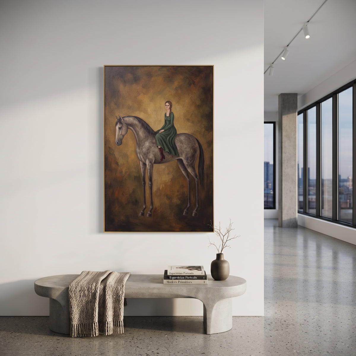 Quiet Restful Woman and Horse focuses on a quiet woman standing on a dark horse in a restrained field. The composition keeps the principal subject clearly separated from the painted field, so the eye can follow the specific gesture, silhouette, garment, fur, petal, ridge, or river visible in this artwork. Its color relationships move between blue, beige, and brown, with lighter passages opening the focal area and deeper strokes giving the forms weight. Palette-knife edges, impasto ridges, broken