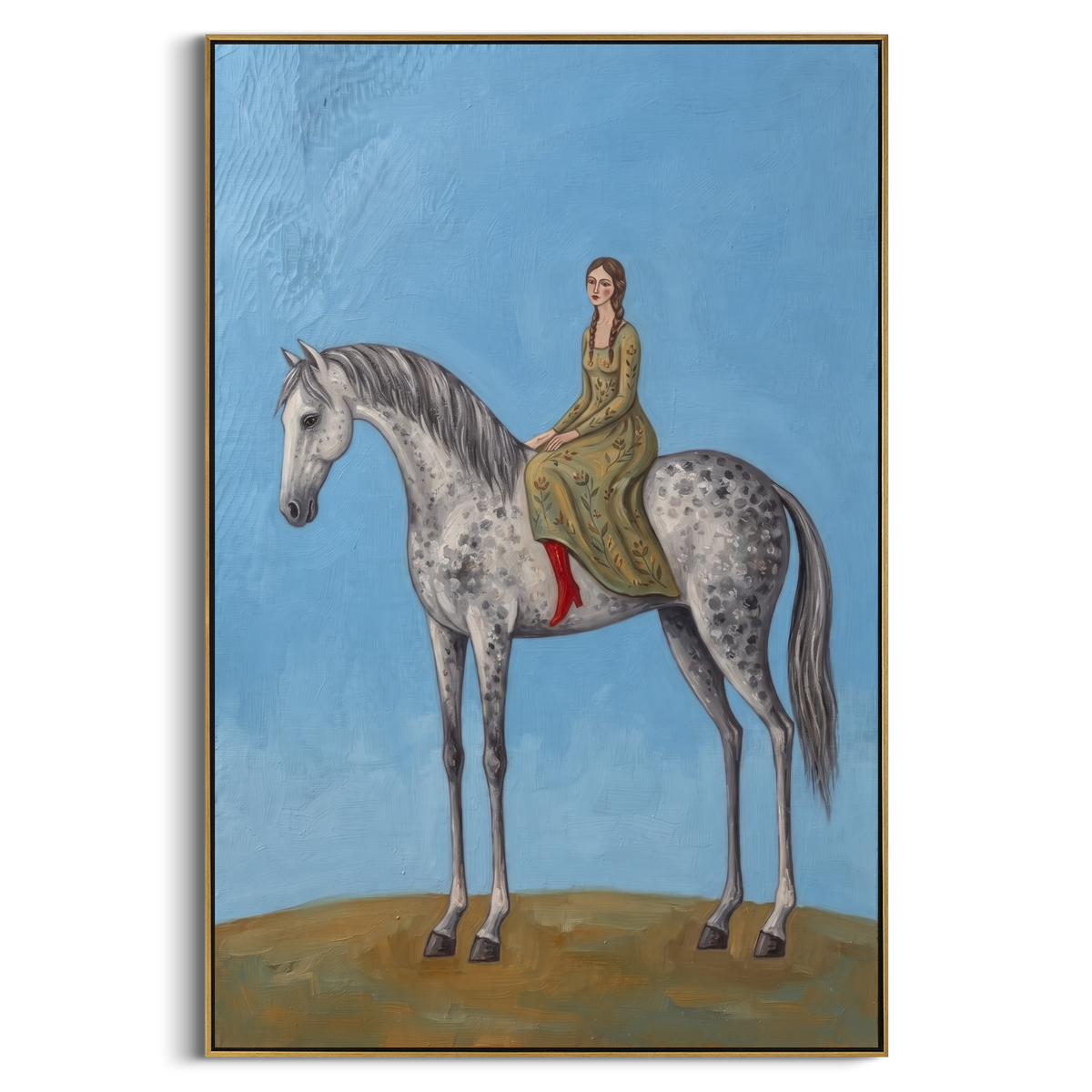 Luminous Restful Woman and Horse focuses on a quiet woman standing on a dark horse in a restrained field. The composition keeps the principal subject clearly separated from the painted field, so the eye can follow the specific gesture, silhouette, garment, fur, petal, ridge, or river visible in this artwork. Its color relationships move between orange, pink, and green, with lighter passages opening the focal area and deeper strokes giving the forms weight. Palette-knife edges, impasto ridges
