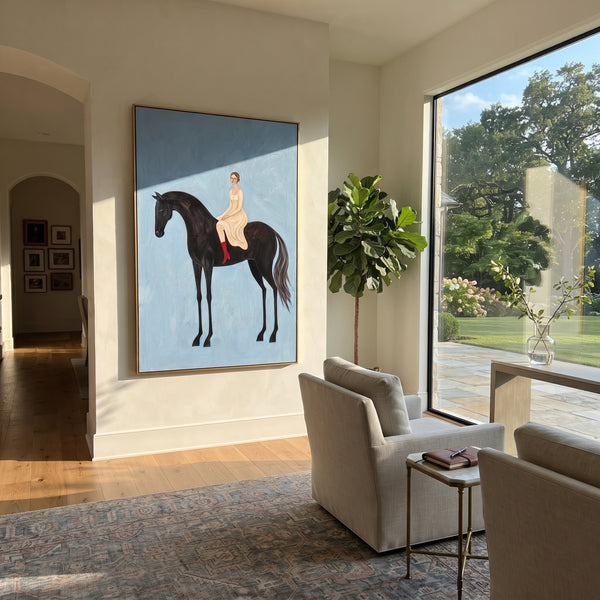 "Tender Restful Woman and Horse" - Modern Heavy Impasto Landscape Artwork | Green & Yellow Palette Knife Painting | Luxury Vertical Wall Art #PT 3089
