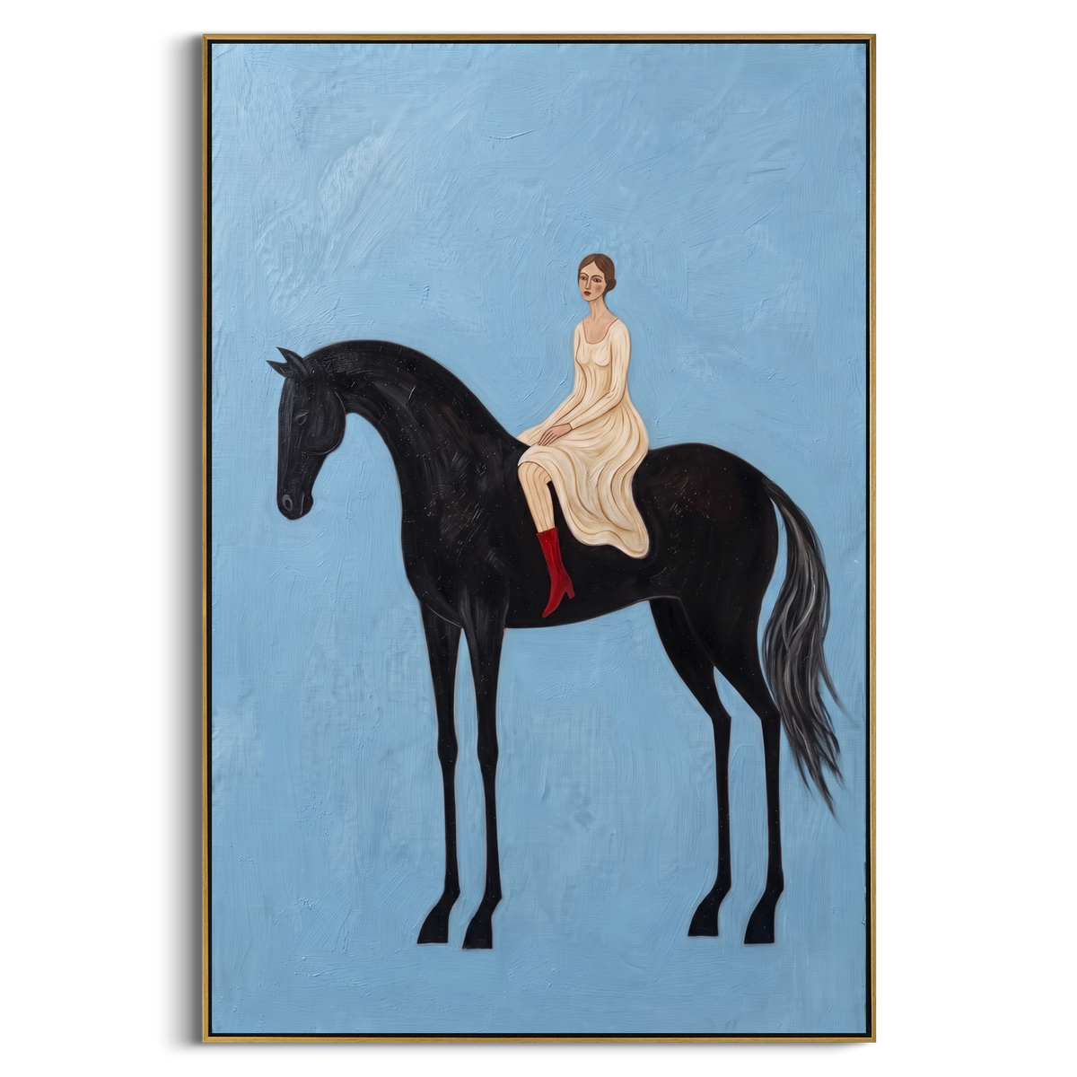 Tender Restful Woman and Horse focuses on a quiet woman standing on a dark horse in a restrained field. The composition keeps the principal subject clearly separated from the painted field, so the eye can follow the specific gesture, silhouette, garment, fur, petal, ridge, or river visible in this artwork. Its color relationships move between green, yellow, and beige, with lighter passages opening the focal area and deeper strokes giving the forms weight. Palette-knife edges, impasto ridges