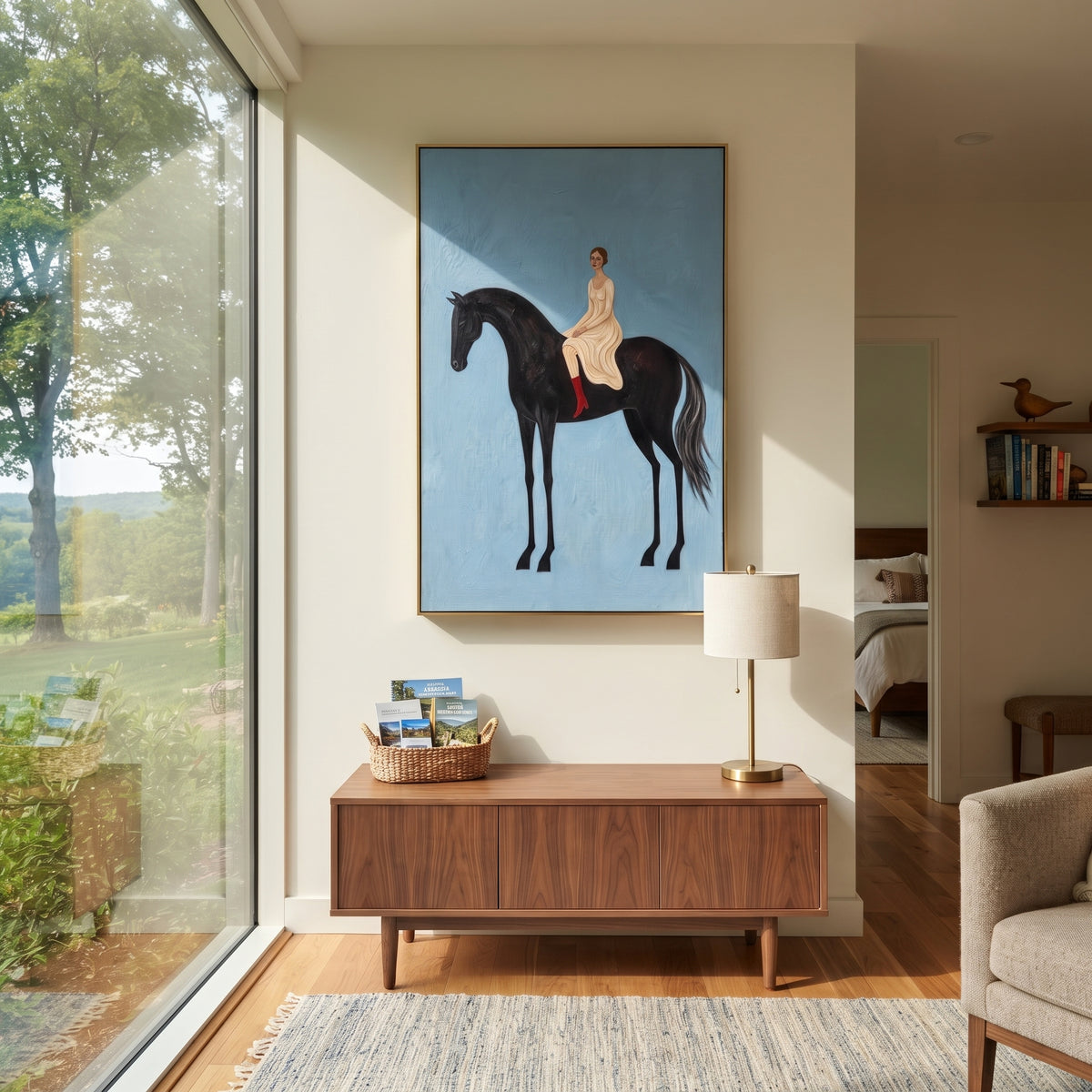 Tender Restful Woman and Horse focuses on a quiet woman standing on a dark horse in a restrained field. The composition keeps the principal subject clearly separated from the painted field, so the eye can follow the specific gesture, silhouette, garment, fur, petal, ridge, or river visible in this artwork. Its color relationships move between green, yellow, and beige, with lighter passages opening the focal area and deeper strokes giving the forms weight. Palette-knife edges, impasto ridges
