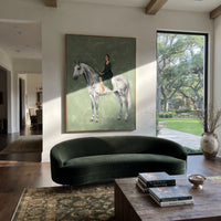 Cobalt Restful Woman and Horse focuses on a quiet woman standing on a dark horse in a restrained field. The composition keeps the principal subject clearly separated from the painted field, so the eye can follow the specific gesture, silhouette, garment, fur, petal, ridge, or river visible in this artwork. Its color relationships move between blue, grey, and white, with lighter passages opening the focal area and deeper strokes giving the forms weight. Palette-knife edges, impasto ridges, broken