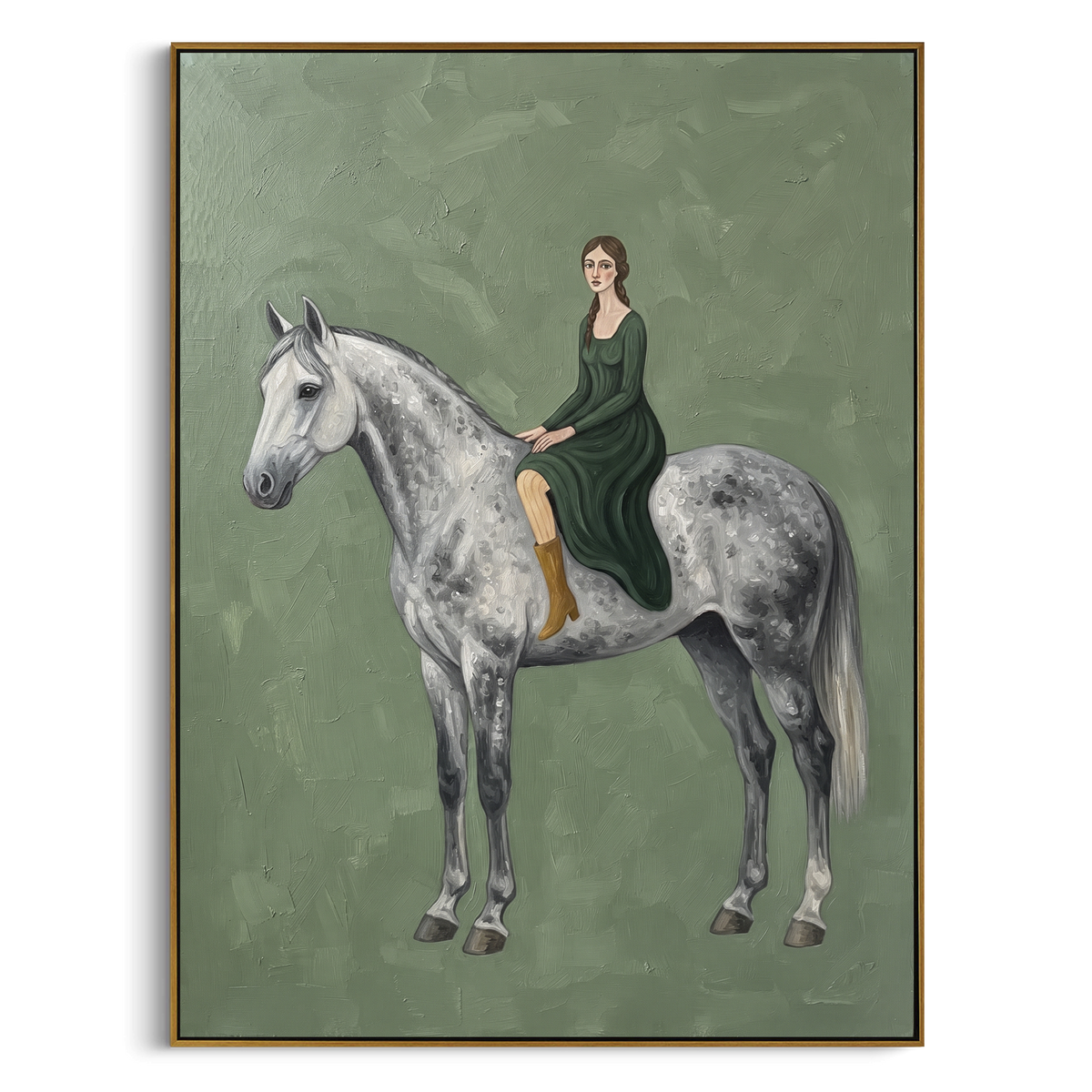 Cobalt Restful Woman and Horse focuses on a quiet woman standing on a dark horse in a restrained field. The composition keeps the principal subject clearly separated from the painted field, so the eye can follow the specific gesture, silhouette, garment, fur, petal, ridge, or river visible in this artwork. Its color relationships move between blue, grey, and white, with lighter passages opening the focal area and deeper strokes giving the forms weight. Palette-knife edges, impasto ridges, broken