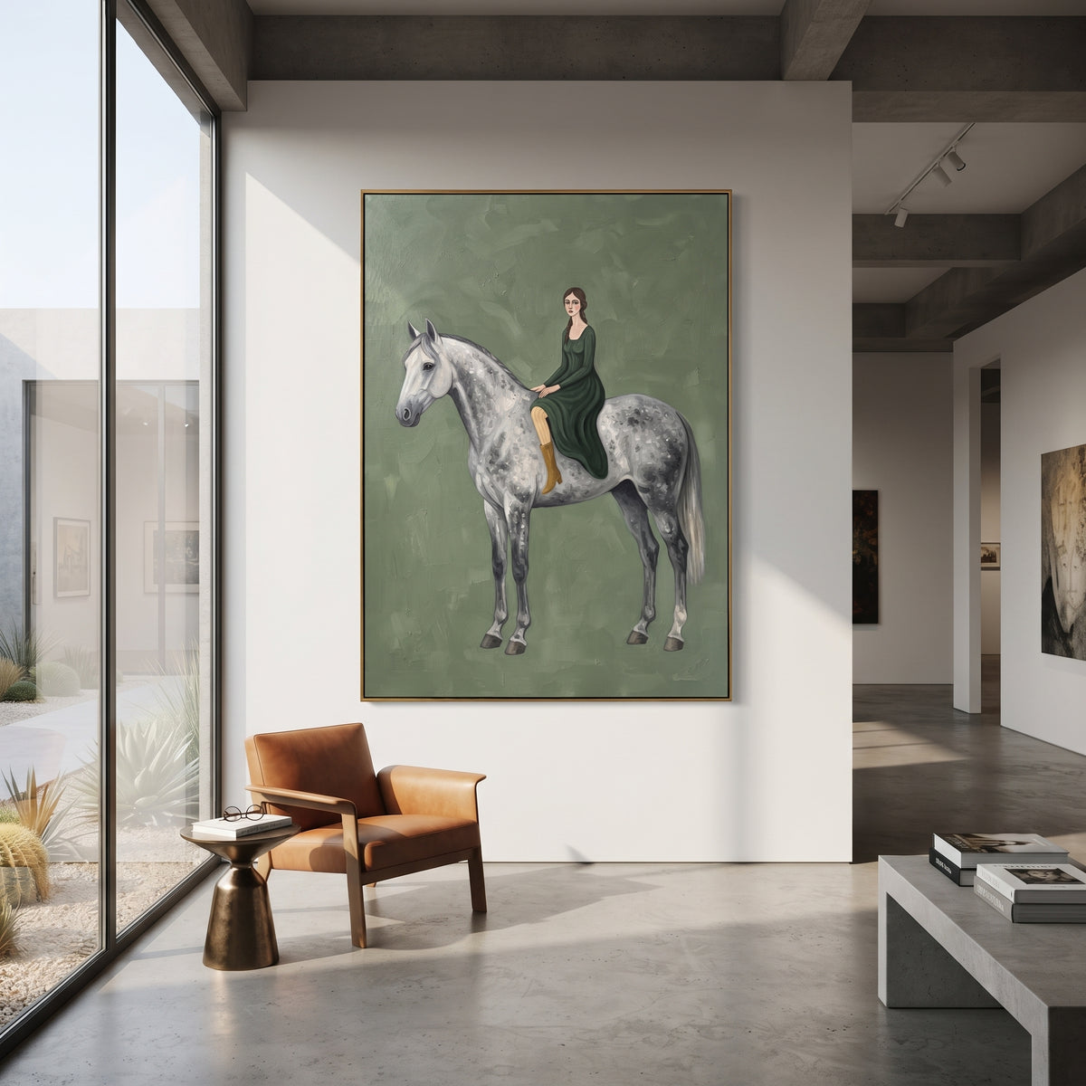 Cobalt Restful Woman and Horse focuses on a quiet woman standing on a dark horse in a restrained field. The composition keeps the principal subject clearly separated from the painted field, so the eye can follow the specific gesture, silhouette, garment, fur, petal, ridge, or river visible in this artwork. Its color relationships move between blue, grey, and white, with lighter passages opening the focal area and deeper strokes giving the forms weight. Palette-knife edges, impasto ridges, broken