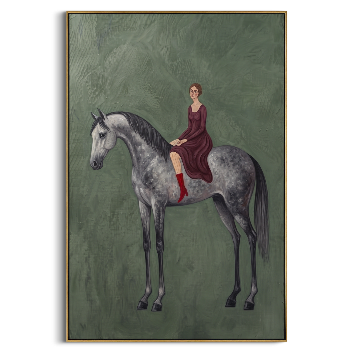 Golden Restful Woman and Horse focuses on a quiet woman standing on a dark horse in a restrained field. The composition keeps the principal subject clearly separated from the painted field, so the eye can follow the specific gesture, silhouette, garment, fur, petal, ridge, or river visible in this artwork. Its color relationships move between orange, black, and beige, with lighter passages opening the focal area and deeper strokes giving the forms weight. Palette-knife edges, impasto ridges