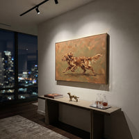 Soft Restful Running Spaniel focuses on a lively spaniel captured mid-stride with a lifted tail. The composition keeps the principal subject clearly separated from the painted field, so the eye can follow the specific gesture, silhouette, garment, fur, petal, ridge, or river visible in this artwork. Its color relationships move between blue, red, and white, with lighter passages opening the focal area and deeper strokes giving the forms weight. Palette-knife edges, impasto ridges, broken brush