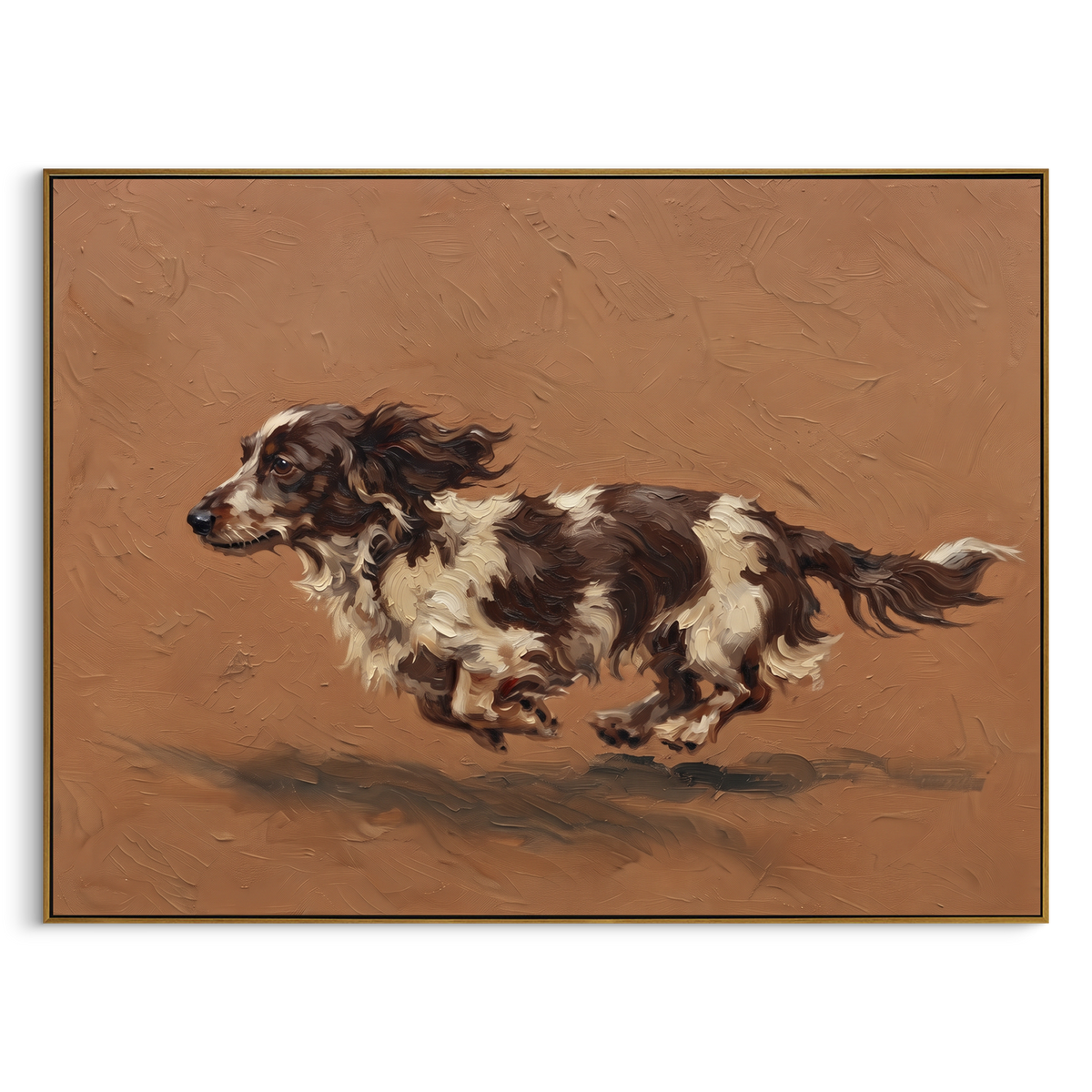 Restful Restful Running Spaniel focuses on a lively spaniel captured mid-stride with a lifted tail. The composition keeps the principal subject clearly separated from the painted field, so the eye can follow the specific gesture, silhouette, garment, fur, petal, ridge, or river visible in this artwork. Its color relationships move between green, grey, and pink, with lighter passages opening the focal area and deeper strokes giving the forms weight. Palette-knife edges, impasto ridges, broken