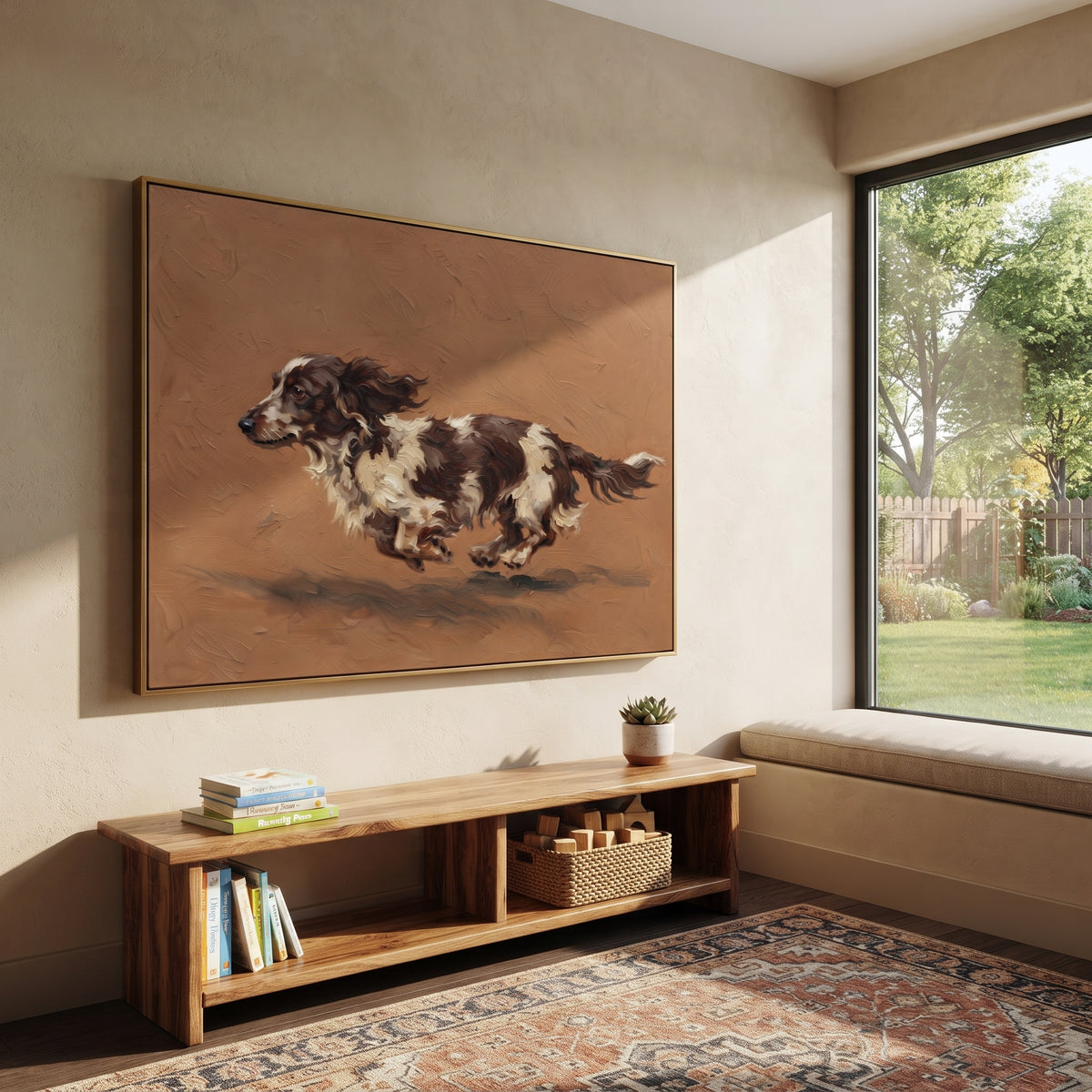 Restful Restful Running Spaniel focuses on a lively spaniel captured mid-stride with a lifted tail. The composition keeps the principal subject clearly separated from the painted field, so the eye can follow the specific gesture, silhouette, garment, fur, petal, ridge, or river visible in this artwork. Its color relationships move between green, grey, and pink, with lighter passages opening the focal area and deeper strokes giving the forms weight. Palette-knife edges, impasto ridges, broken