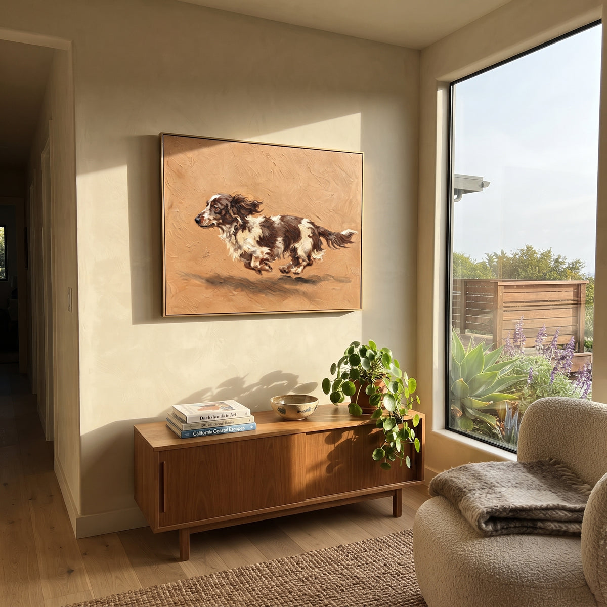 Restful Restful Running Spaniel focuses on a lively spaniel captured mid-stride with a lifted tail. The composition keeps the principal subject clearly separated from the painted field, so the eye can follow the specific gesture, silhouette, garment, fur, petal, ridge, or river visible in this artwork. Its color relationships move between green, grey, and pink, with lighter passages opening the focal area and deeper strokes giving the forms weight. Palette-knife edges, impasto ridges, broken