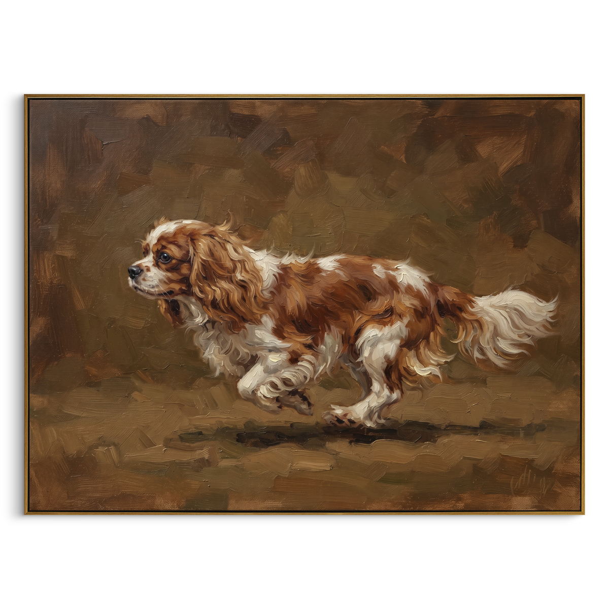 Playful Restful Running Spaniel focuses on a lively spaniel captured mid-stride with a lifted tail. The composition keeps the principal subject clearly separated from the painted field, so the eye can follow the specific gesture, silhouette, garment, fur, petal, ridge, or river visible in this artwork. Its color relationships move between beige, black, and blue, with lighter passages opening the focal area and deeper strokes giving the forms weight. Palette-knife edges, impasto ridges, broken