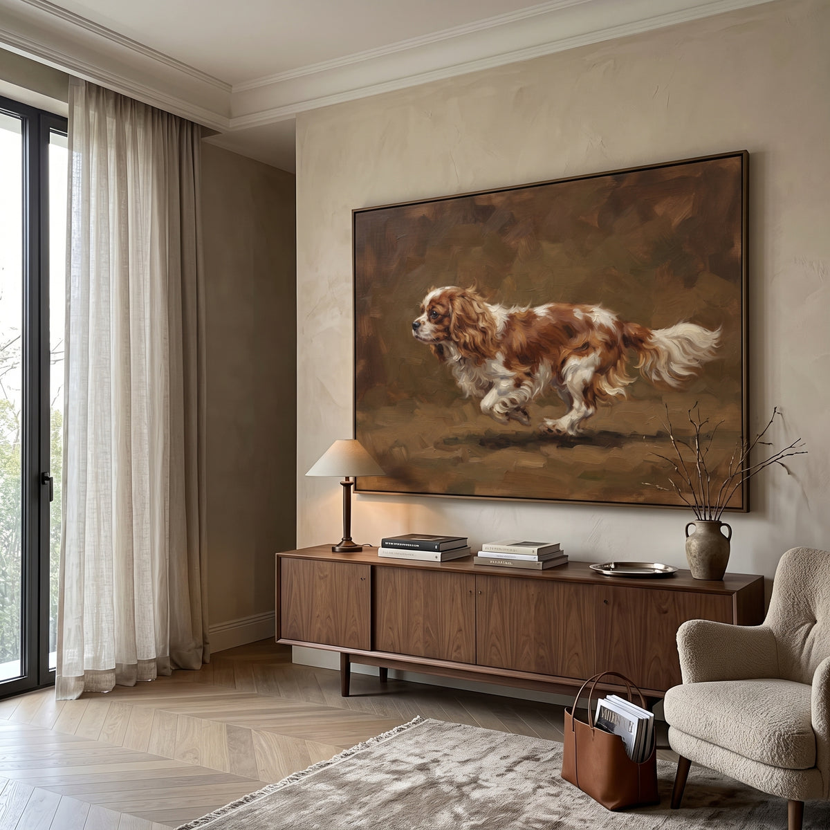 Playful Restful Running Spaniel focuses on a lively spaniel captured mid-stride with a lifted tail. The composition keeps the principal subject clearly separated from the painted field, so the eye can follow the specific gesture, silhouette, garment, fur, petal, ridge, or river visible in this artwork. Its color relationships move between beige, black, and blue, with lighter passages opening the focal area and deeper strokes giving the forms weight. Palette-knife edges, impasto ridges, broken