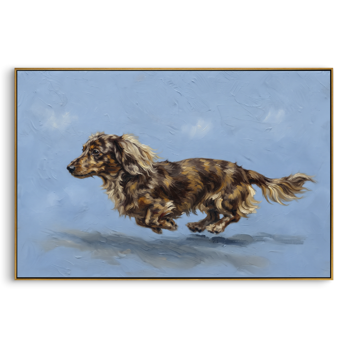 Distant Restful Running Spaniel focuses on a lively spaniel captured mid-stride with a lifted tail. The composition keeps the principal subject clearly separated from the painted field, so the eye can follow the specific gesture, silhouette, garment, fur, petal, ridge, or river visible in this artwork. Its color relationships move between purple, green, and white, with lighter passages opening the focal area and deeper strokes giving the forms weight. Palette-knife edges, impasto ridges, broken