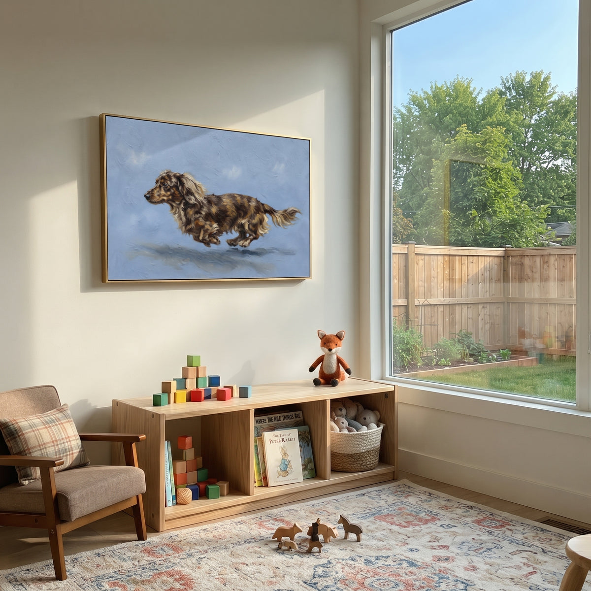 Distant Restful Running Spaniel focuses on a lively spaniel captured mid-stride with a lifted tail. The composition keeps the principal subject clearly separated from the painted field, so the eye can follow the specific gesture, silhouette, garment, fur, petal, ridge, or river visible in this artwork. Its color relationships move between purple, green, and white, with lighter passages opening the focal area and deeper strokes giving the forms weight. Palette-knife edges, impasto ridges, broken