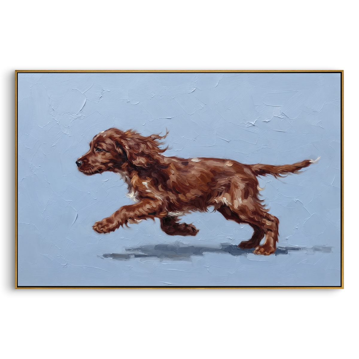 "Gathered Restful Running Spaniel" - Modern Heavy Impasto Landscape Artwork | Blue & Beige Palette Knife Painting | Luxury Horizontal Wall Art #PT 3097