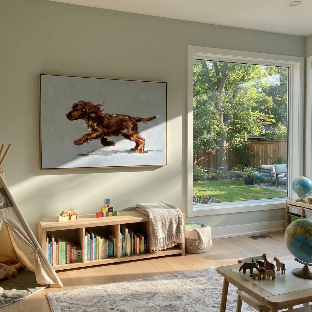 Gathered Restful Running Spaniel focuses on a lively spaniel captured mid-stride with a lifted tail. The composition keeps the principal subject clearly separated from the painted field, so the eye can follow the specific gesture, silhouette, garment, fur, petal, ridge, or river visible in this artwork. Its color relationships move between blue, beige, and brown, with lighter passages opening the focal area and deeper strokes giving the forms weight. Palette-knife edges, impasto ridges, broken