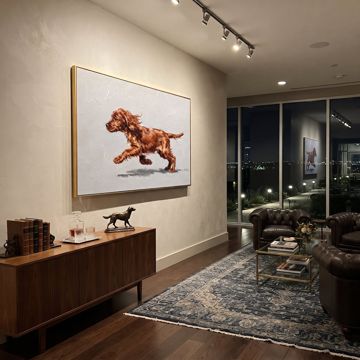 Gathered Restful Running Spaniel focuses on a lively spaniel captured mid-stride with a lifted tail. The composition keeps the principal subject clearly separated from the painted field, so the eye can follow the specific gesture, silhouette, garment, fur, petal, ridge, or river visible in this artwork. Its color relationships move between blue, beige, and brown, with lighter passages opening the focal area and deeper strokes giving the forms weight. Palette-knife edges, impasto ridges, broken