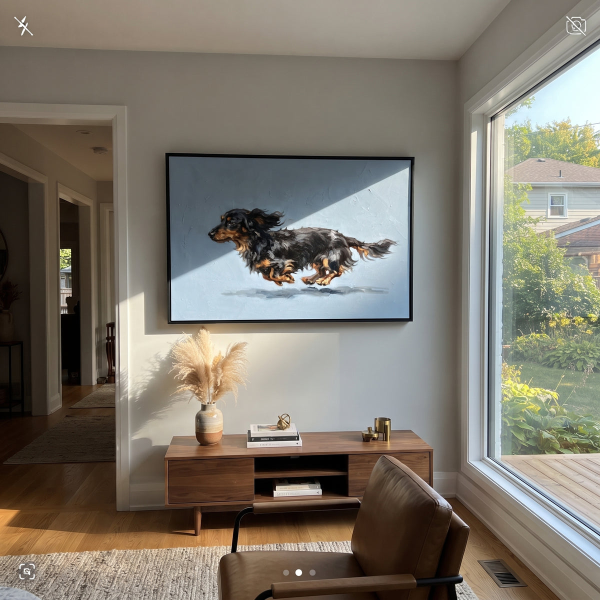 River Restful Running Spaniel focuses on a lively spaniel captured mid-stride with a lifted tail. The composition keeps the principal subject clearly separated from the painted field, so the eye can follow the specific gesture, silhouette, garment, fur, petal, ridge, or river visible in this artwork. Its color relationships move between orange, pink, and green, with lighter passages opening the focal area and deeper strokes giving the forms weight. Palette-knife edges, impasto ridges, broken