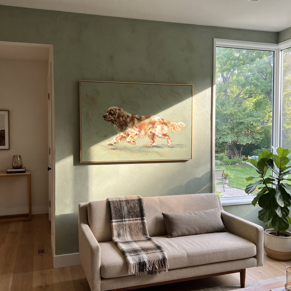 "Warm Restful Running Spaniel" - Modern Heavy Impasto Landscape Artwork | Green & Yellow Palette Knife Painting | Luxury Horizontal Wall Art #PT 3099