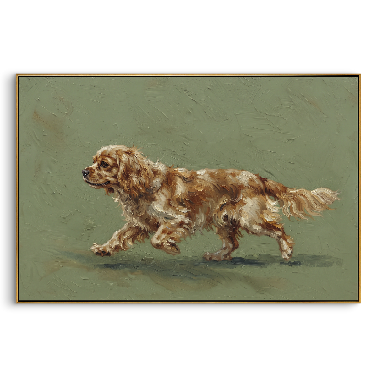 Warm Restful Running Spaniel focuses on a lively spaniel captured mid-stride with a lifted tail. The composition keeps the principal subject clearly separated from the painted field, so the eye can follow the specific gesture, silhouette, garment, fur, petal, ridge, or river visible in this artwork. Its color relationships move between green, yellow, and beige, with lighter passages opening the focal area and deeper strokes giving the forms weight. Palette-knife edges, impasto ridges, broken