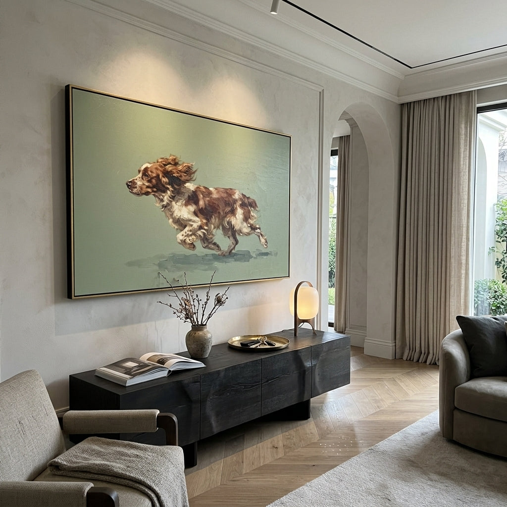 Still Restful Running Spaniel focuses on a lively spaniel captured mid-stride with a lifted tail. The composition keeps the principal subject clearly separated from the painted field, so the eye can follow the specific gesture, silhouette, garment, fur, petal, ridge, or river visible in this artwork. Its color relationships move between blue, grey, and white, with lighter passages opening the focal area and deeper strokes giving the forms weight. Palette-knife edges, impasto ridges, broken brush