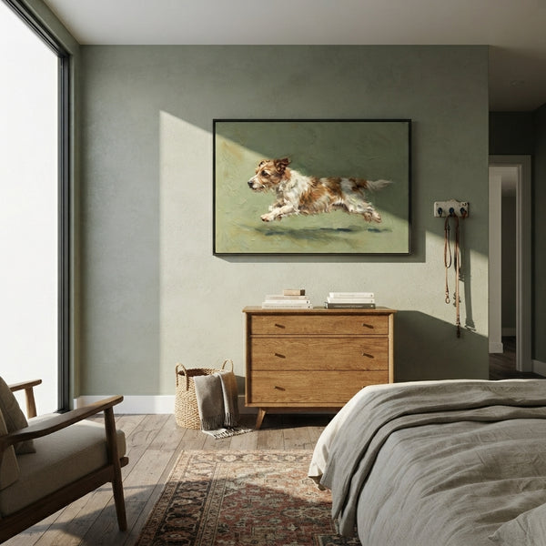 "Gentle Restful Running Spaniel" - Modern Heavy Impasto Landscape Artwork | Green & Brown Palette Knife Painting | Luxury Horizontal Wall Art #PT 3101