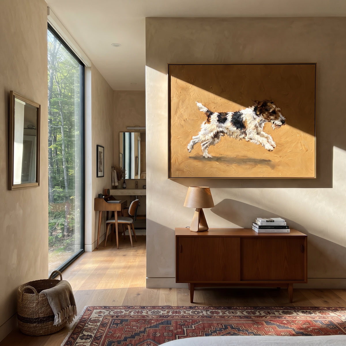 Open Restful Running Spaniel focuses on a lively spaniel captured mid-stride with a lifted tail. The composition keeps the principal subject clearly separated from the painted field, so the eye can follow the specific gesture, silhouette, garment, fur, petal, ridge, or river visible in this artwork. Its color relationships move between orange, black, and beige, with lighter passages opening the focal area and deeper strokes giving the forms weight. Palette-knife edges, impasto ridges, broken