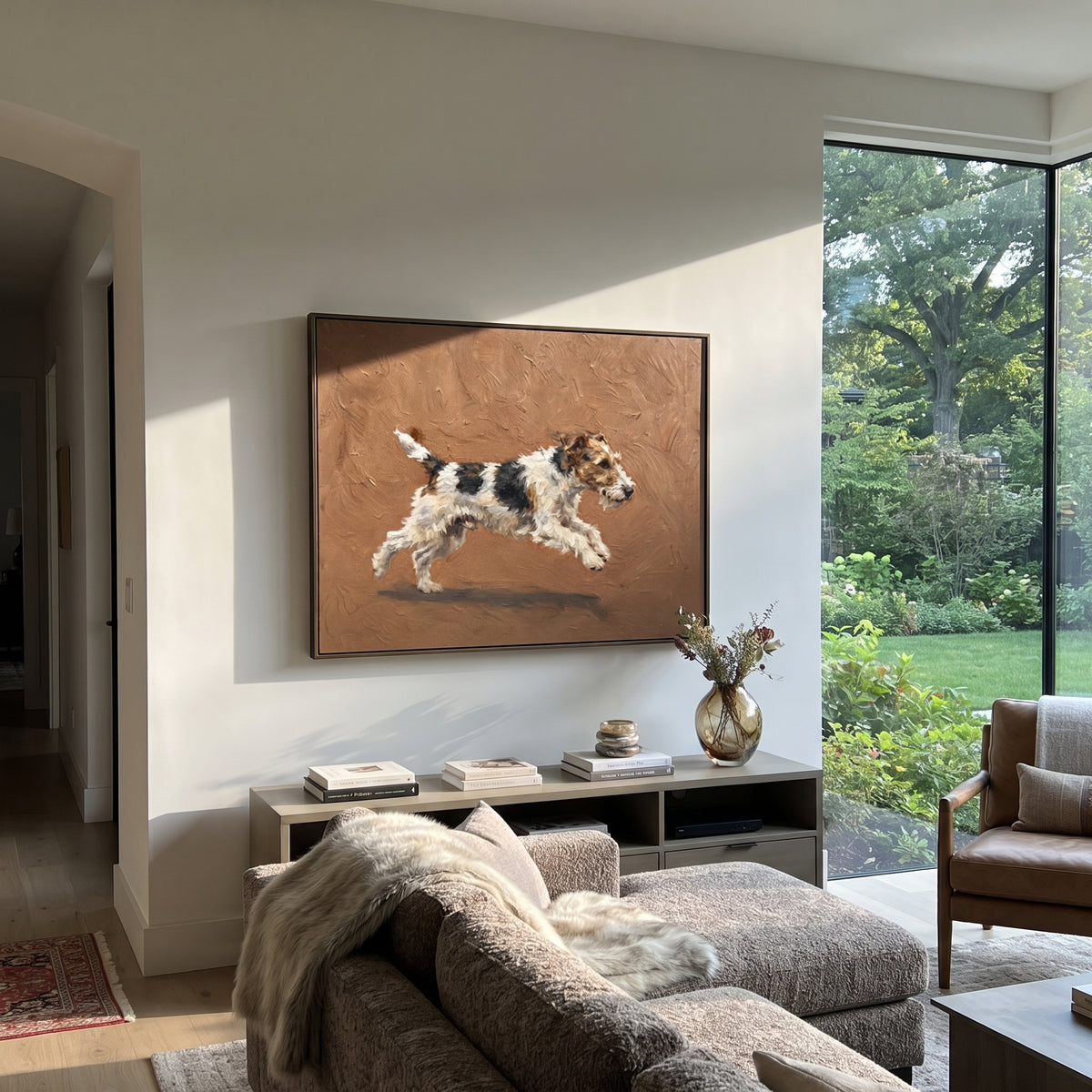 Wandering Restful Running Spaniel focuses on a lively spaniel captured mid-stride with a lifted tail. The composition keeps the principal subject clearly separated from the painted field, so the eye can follow the specific gesture, silhouette, garment, fur, petal, ridge, or river visible in this artwork. Its color relationships move between blue, red, and white, with lighter passages opening the focal area and deeper strokes giving the forms weight. Palette-knife edges, impasto ridges, broken