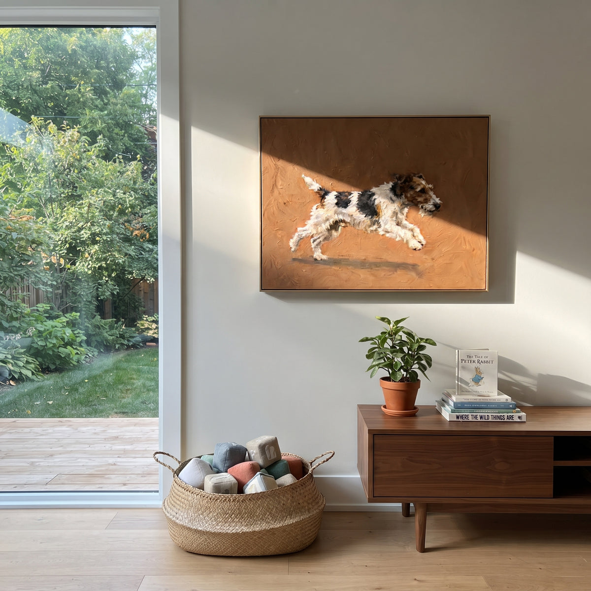 Wandering Restful Running Spaniel focuses on a lively spaniel captured mid-stride with a lifted tail. The composition keeps the principal subject clearly separated from the painted field, so the eye can follow the specific gesture, silhouette, garment, fur, petal, ridge, or river visible in this artwork. Its color relationships move between blue, red, and white, with lighter passages opening the focal area and deeper strokes giving the forms weight. Palette-knife edges, impasto ridges, broken