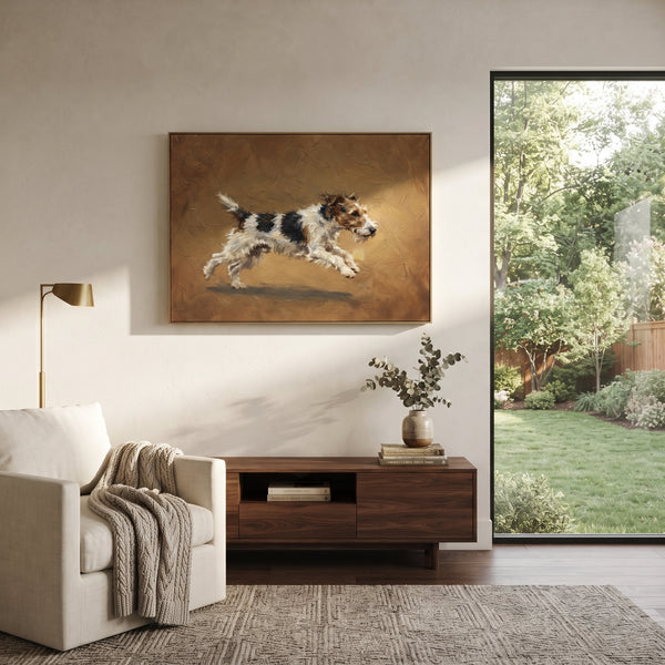 "Reflective Restful Running Spaniel" - Modern Heavy Impasto Landscape Artwork | Green & Grey Palette Knife Painting | Luxury Horizontal Wall Art #PT 3104