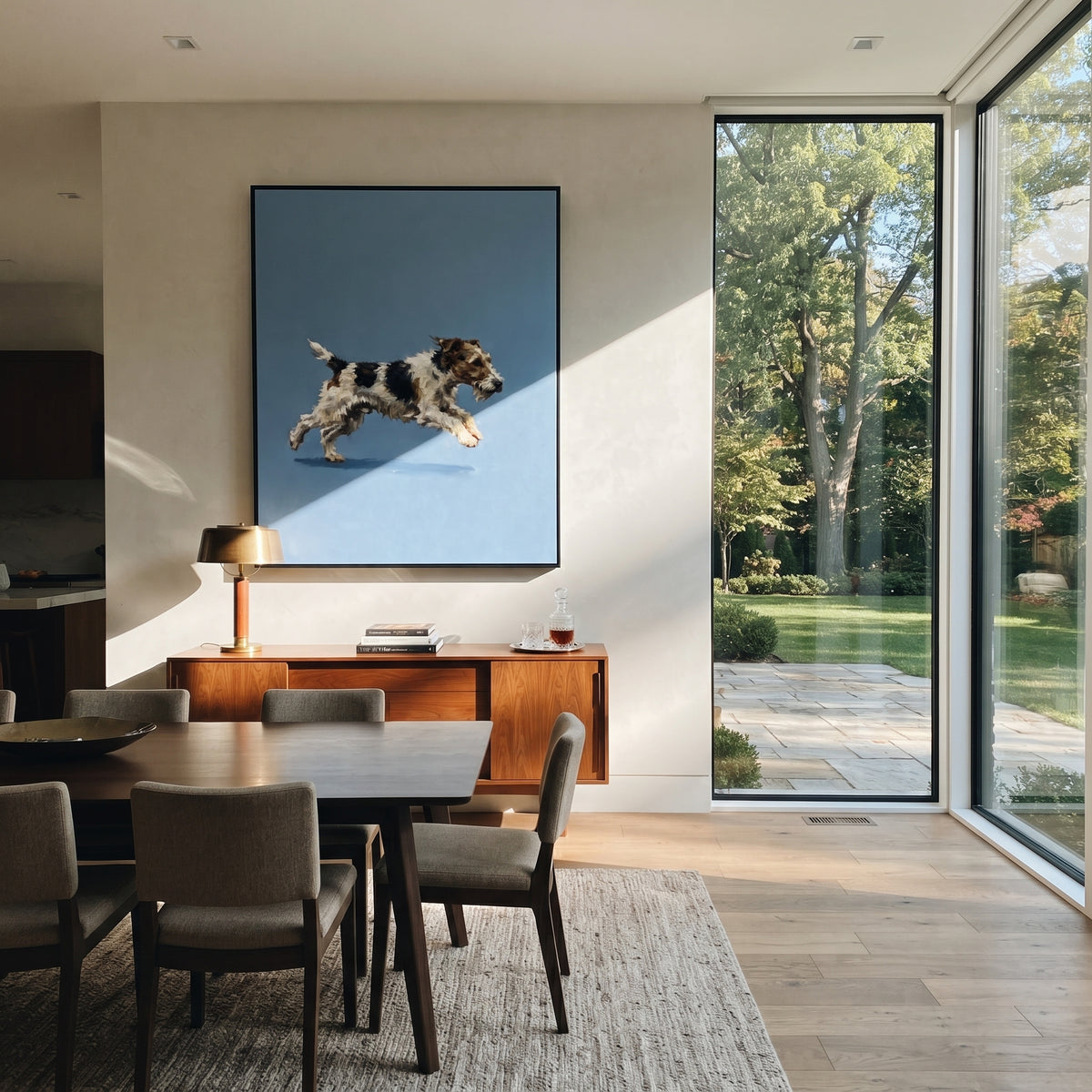 Midnight Restful Running Spaniel focuses on a lively spaniel captured mid-stride with a lifted tail. The composition keeps the principal subject clearly separated from the painted field, so the eye can follow the specific gesture, silhouette, garment, fur, petal, ridge, or river visible in this artwork. Its color relationships move between beige, black, and blue, with lighter passages opening the focal area and deeper strokes giving the forms weight. Palette-knife edges, impasto ridges, broken