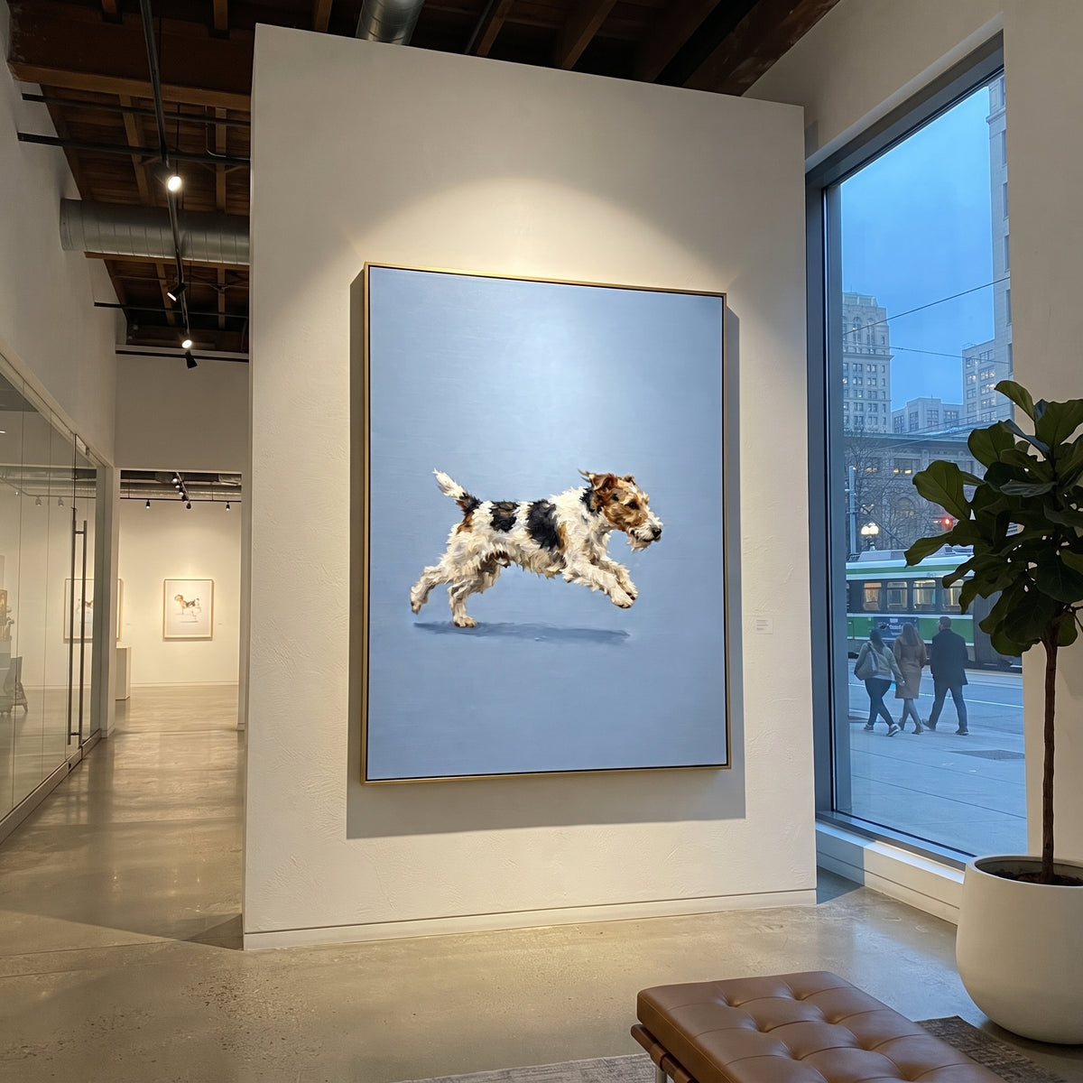 Midnight Restful Running Spaniel focuses on a lively spaniel captured mid-stride with a lifted tail. The composition keeps the principal subject clearly separated from the painted field, so the eye can follow the specific gesture, silhouette, garment, fur, petal, ridge, or river visible in this artwork. Its color relationships move between beige, black, and blue, with lighter passages opening the focal area and deeper strokes giving the forms weight. Palette-knife edges, impasto ridges, broken