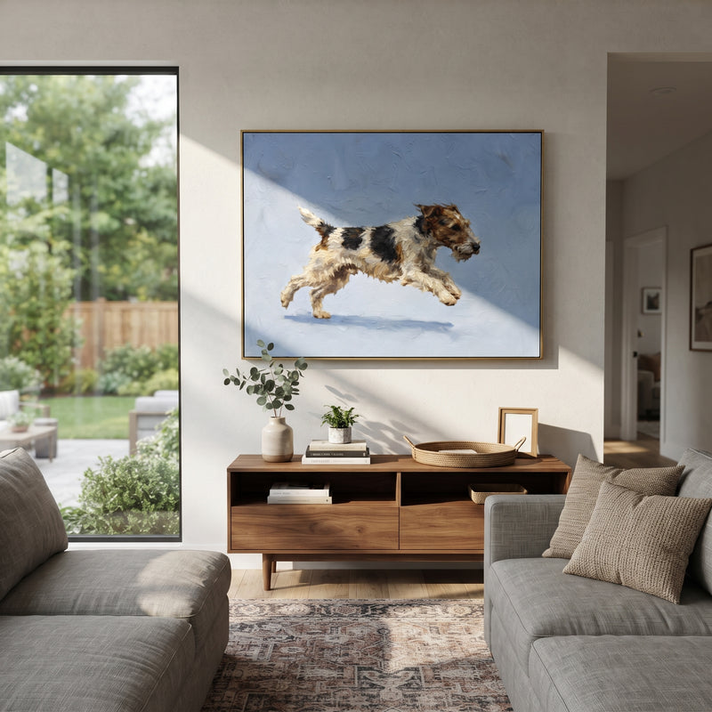 "Storybook Restful Running Spaniel" - Modern Heavy Impasto Landscape Artwork | Purple & Green Palette Knife Painting | Luxury Horizontal Wall Art #PT 3106