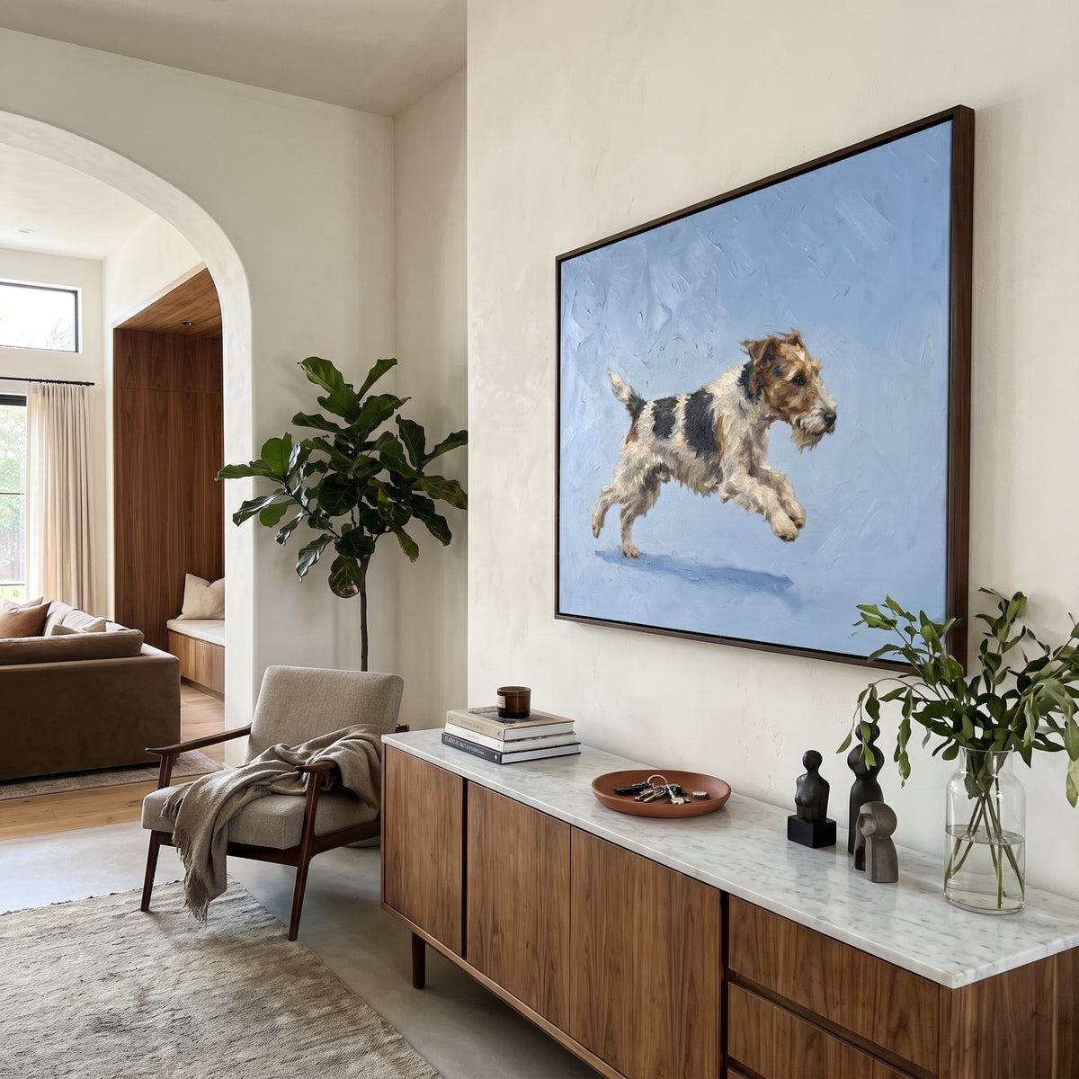 Storybook Restful Running Spaniel focuses on a lively spaniel captured mid-stride with a lifted tail. The composition keeps the principal subject clearly separated from the painted field, so the eye can follow the specific gesture, silhouette, garment, fur, petal, ridge, or river visible in this artwork. Its color relationships move between purple, green, and white, with lighter passages opening the focal area and deeper strokes giving the forms weight. Palette-knife edges, impasto ridges