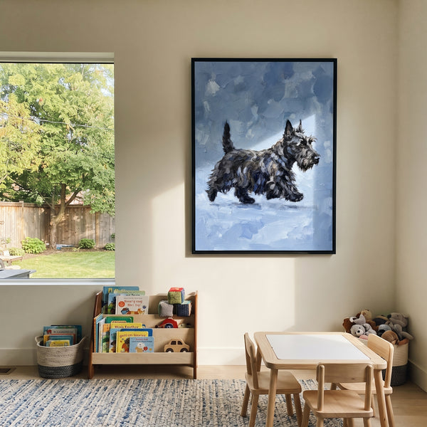 "Quiet Playful Running Spaniel" - Modern Heavy Impasto Landscape Artwork | Blue & Beige Palette Knife Painting | Luxury Vertical Wall Art #PT 3107