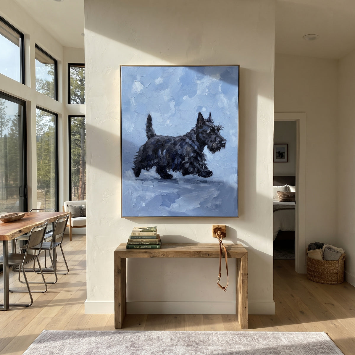 Quiet Playful Running Spaniel focuses on a lively spaniel captured mid-stride with a lifted tail. The composition keeps the principal subject clearly separated from the painted field, so the eye can follow the specific gesture, silhouette, garment, fur, petal, ridge, or river visible in this artwork. Its color relationships move between blue, beige, and brown, with lighter passages opening the focal area and deeper strokes giving the forms weight. Palette-knife edges, impasto ridges, broken