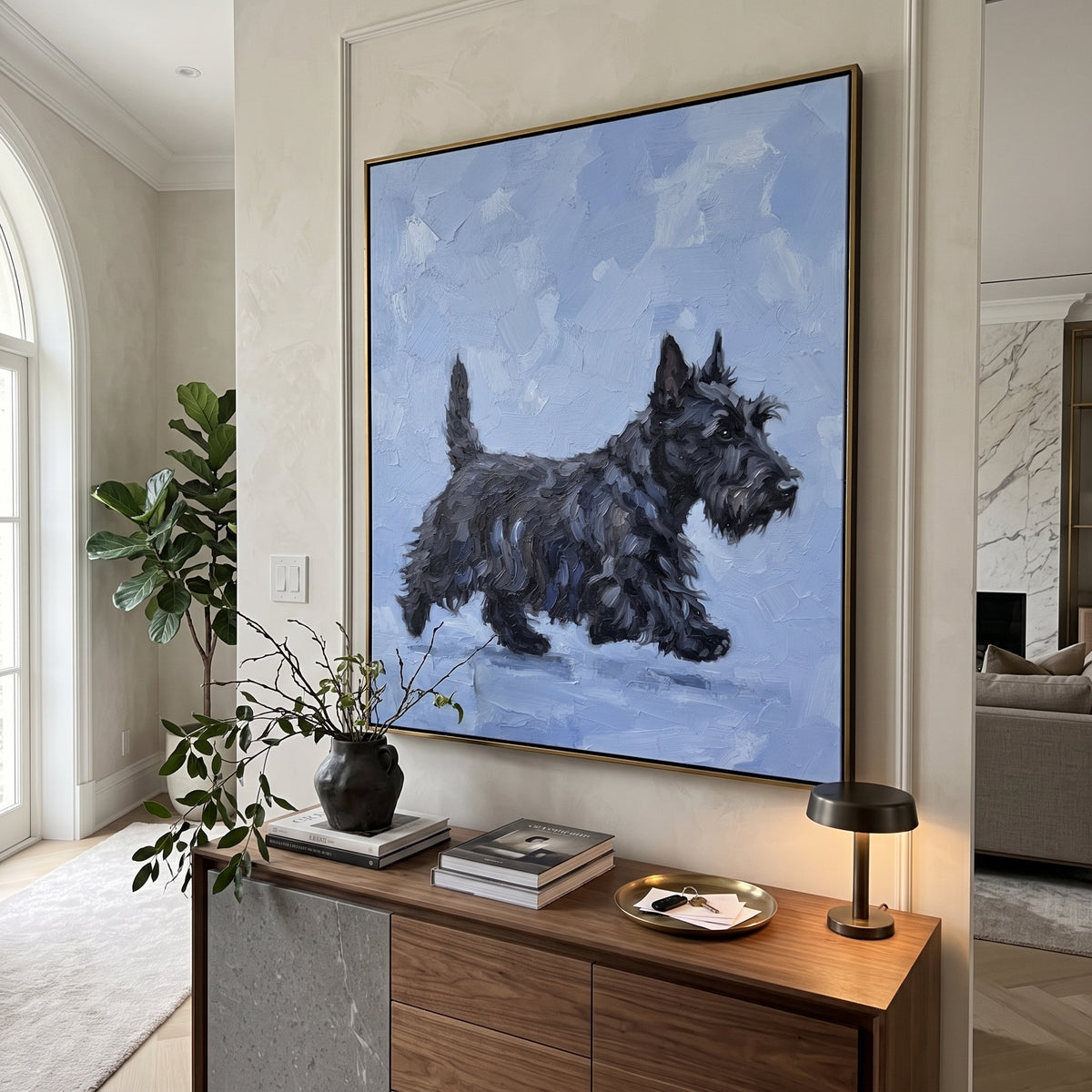 Quiet Playful Running Spaniel focuses on a lively spaniel captured mid-stride with a lifted tail. The composition keeps the principal subject clearly separated from the painted field, so the eye can follow the specific gesture, silhouette, garment, fur, petal, ridge, or river visible in this artwork. Its color relationships move between blue, beige, and brown, with lighter passages opening the focal area and deeper strokes giving the forms weight. Palette-knife edges, impasto ridges, broken