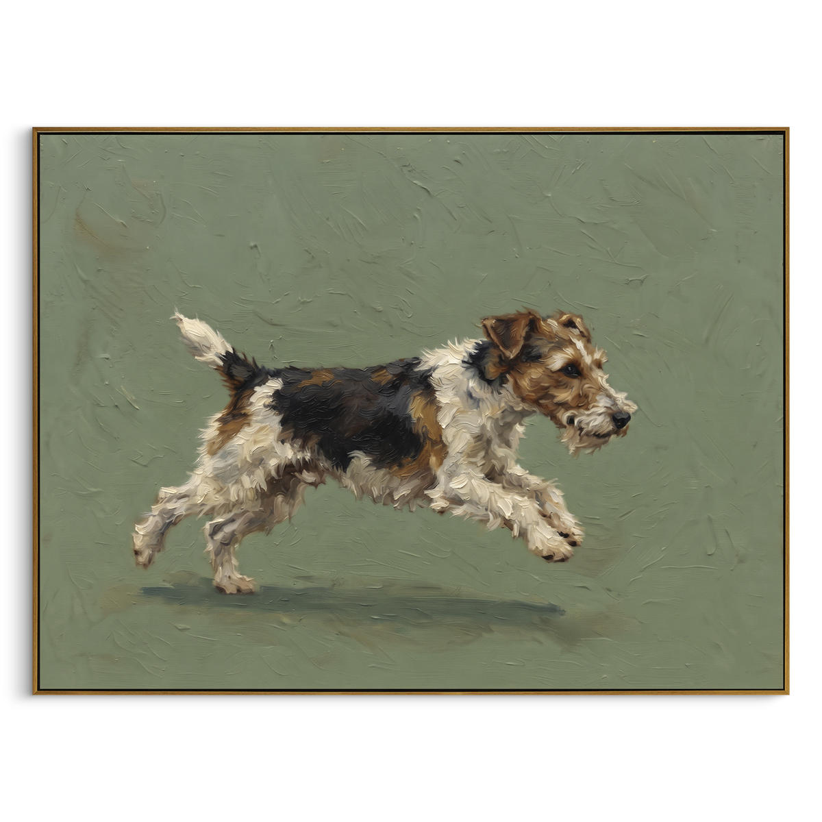 Luminous Playful Running Spaniel focuses on a lively spaniel captured mid-stride with a lifted tail. The composition keeps the principal subject clearly separated from the painted field, so the eye can follow the specific gesture, silhouette, garment, fur, petal, ridge, or river visible in this artwork. Its color relationships move between orange, pink, and green, with lighter passages opening the focal area and deeper strokes giving the forms weight. Palette-knife edges, impasto ridges, broken