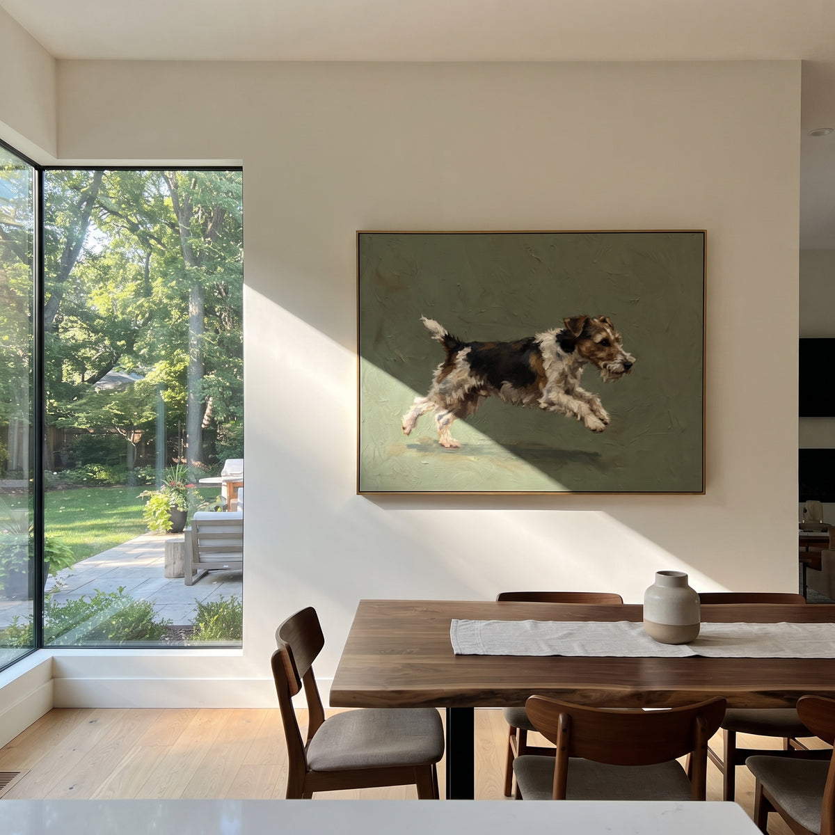 Luminous Playful Running Spaniel focuses on a lively spaniel captured mid-stride with a lifted tail. The composition keeps the principal subject clearly separated from the painted field, so the eye can follow the specific gesture, silhouette, garment, fur, petal, ridge, or river visible in this artwork. Its color relationships move between orange, pink, and green, with lighter passages opening the focal area and deeper strokes giving the forms weight. Palette-knife edges, impasto ridges, broken