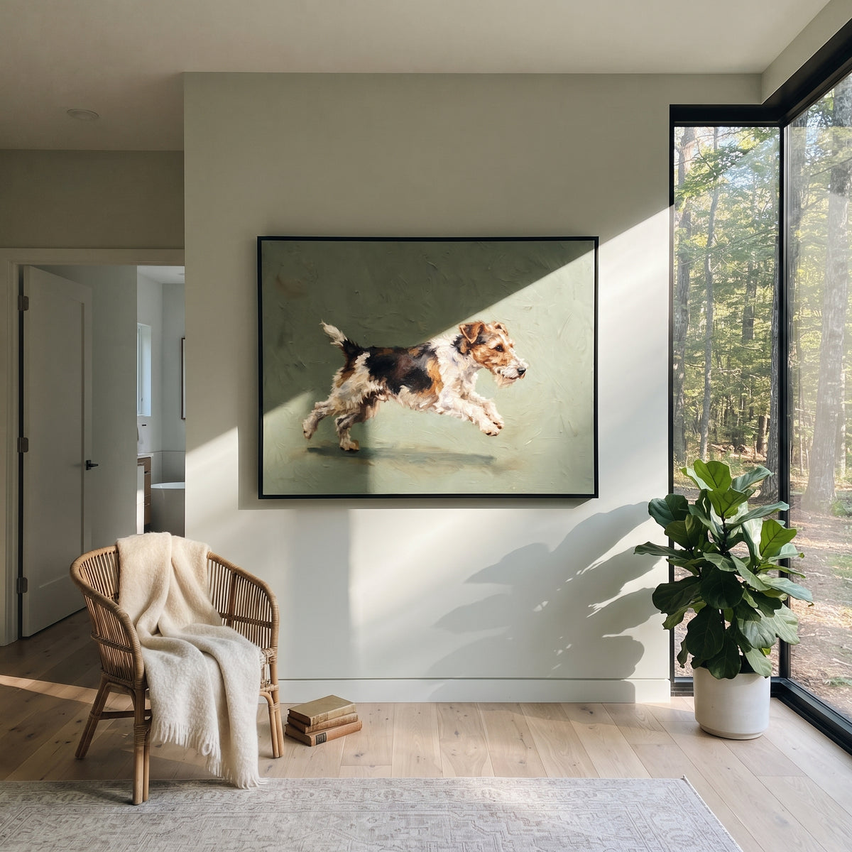Luminous Playful Running Spaniel focuses on a lively spaniel captured mid-stride with a lifted tail. The composition keeps the principal subject clearly separated from the painted field, so the eye can follow the specific gesture, silhouette, garment, fur, petal, ridge, or river visible in this artwork. Its color relationships move between orange, pink, and green, with lighter passages opening the focal area and deeper strokes giving the forms weight. Palette-knife edges, impasto ridges, broken