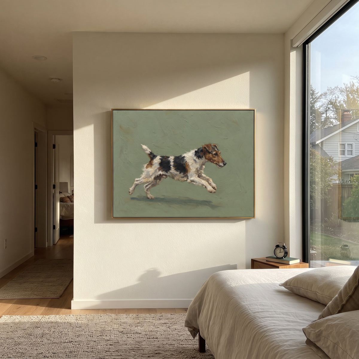Tender Playful Running Spaniel focuses on a lively spaniel captured mid-stride with a lifted tail. The composition keeps the principal subject clearly separated from the painted field, so the eye can follow the specific gesture, silhouette, garment, fur, petal, ridge, or river visible in this artwork. Its color relationships move between green, yellow, and beige, with lighter passages opening the focal area and deeper strokes giving the forms weight. Palette-knife edges, impasto ridges, broken